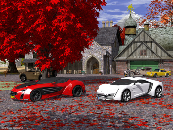 紅葉の庭に停めた2台のスーパーカー