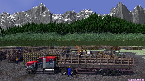木材の集積場と運搬車