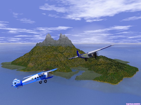 島の上空を飛ぶフォード・トライモータとブレゲー・280T