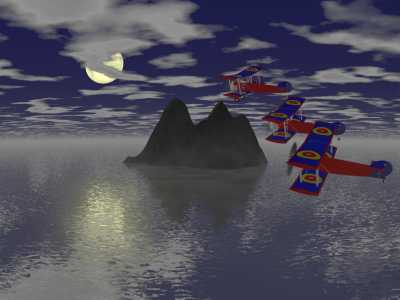 満月の島影を飛ぶ複葉機