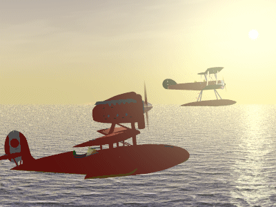 夕陽を背景に離水する飛行艇